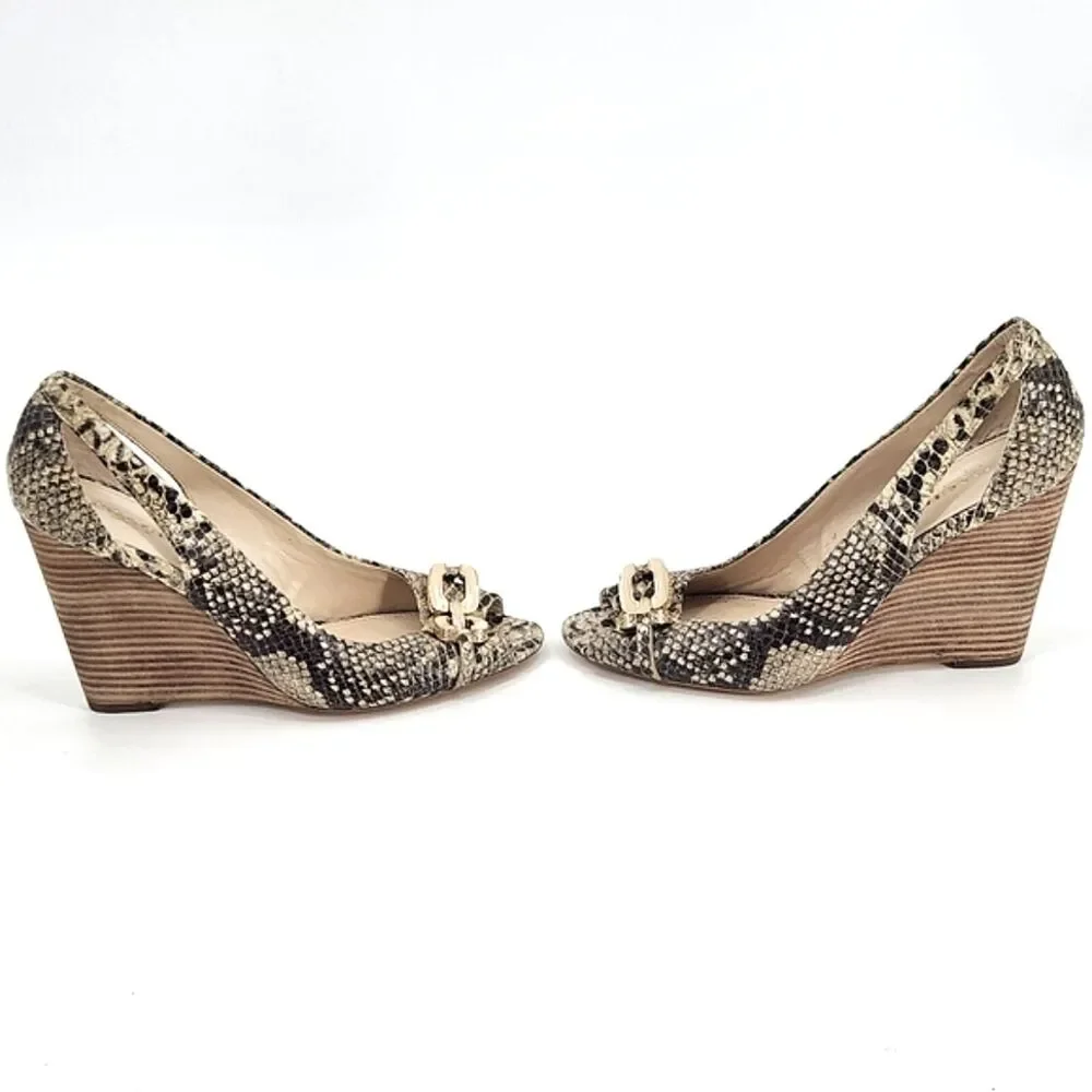 Coach Larchmont Natural Print Snake Wedge Women's Size 8 Leather Peep Toe Shoes